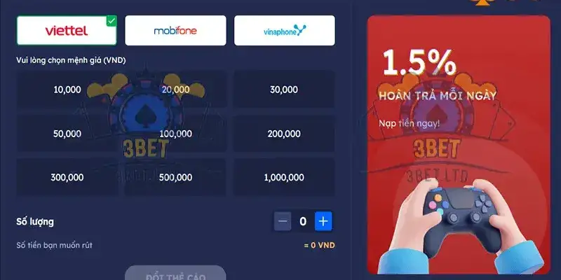 Hướng Dẫn Thủ Tục Rút Tiền 3BET Bằng Phương Thức Thẻ Cào Điện Thoại